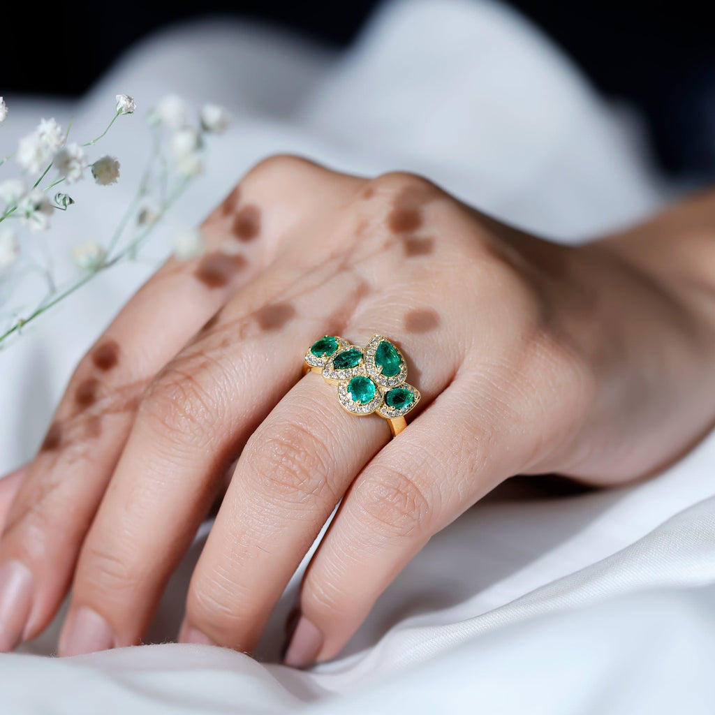 Emerald Cluster Ring - Diamond Engagement Ring with AAA Quality Emeralds & Prong Setting