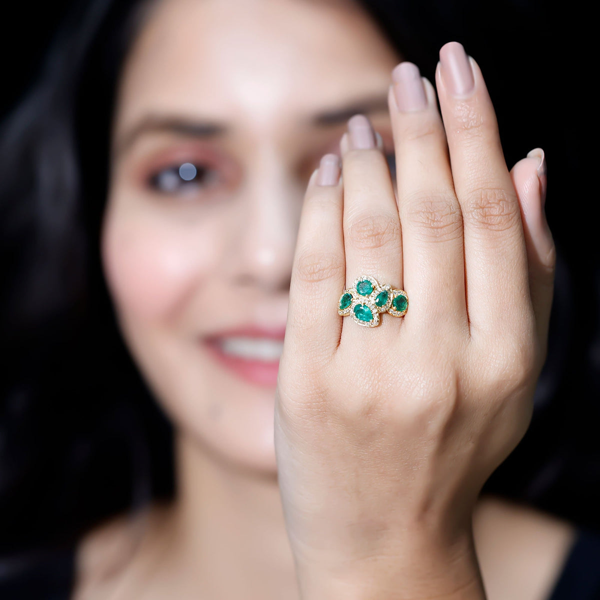 Emerald Cluster Ring - Diamond Engagement Ring with AAA Quality Emeralds & Prong Setting