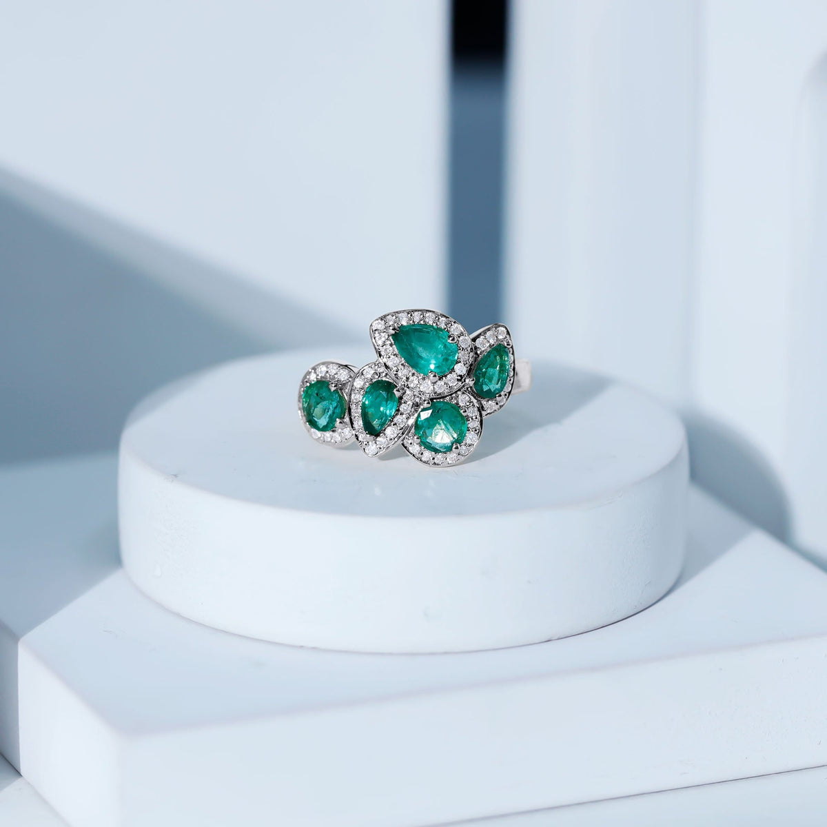 Emerald Cluster Ring - Diamond Engagement Ring with AAA Quality Emeralds & Prong Setting