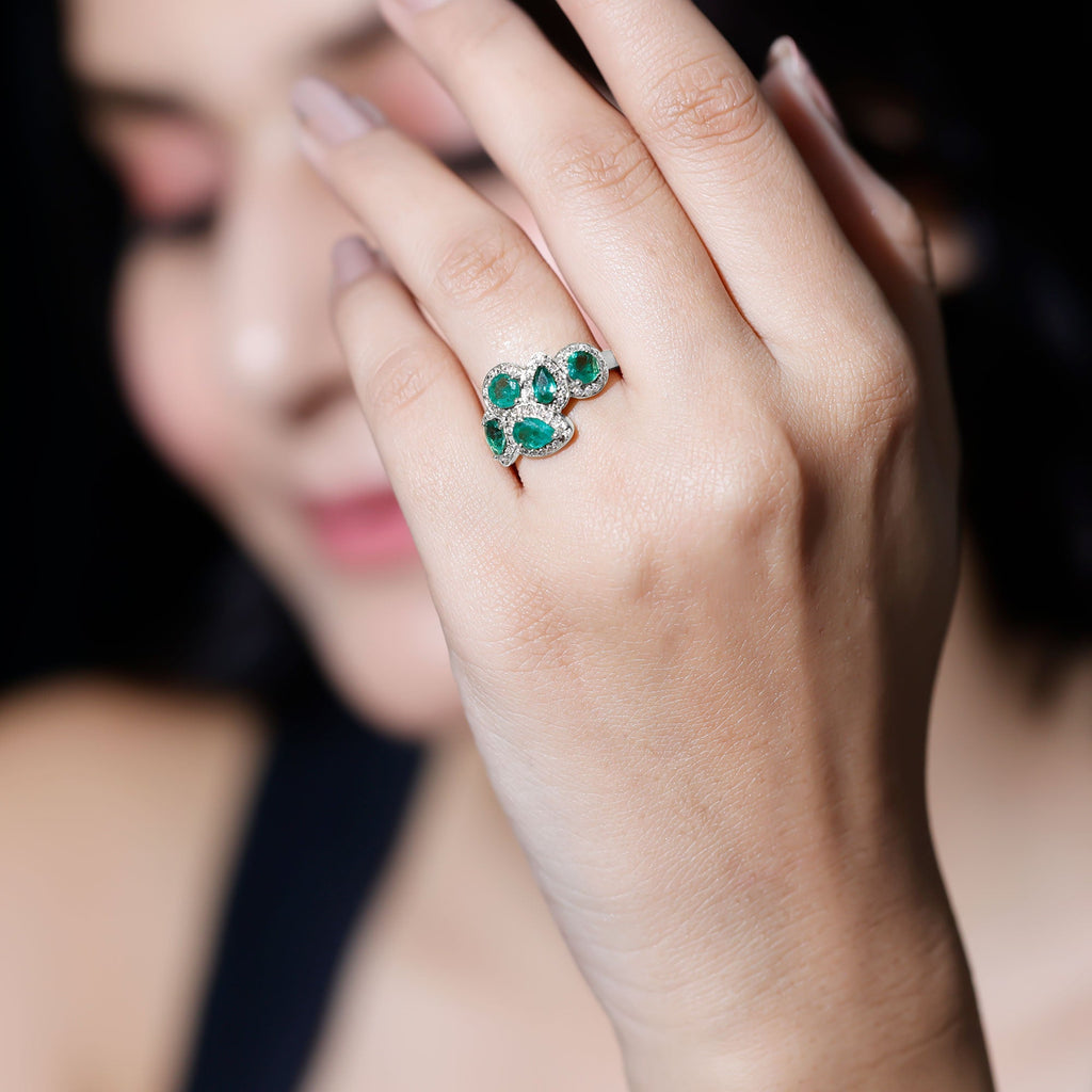 Emerald Cluster Ring - Diamond Engagement Ring with AAA Quality Emeralds & Prong Setting
