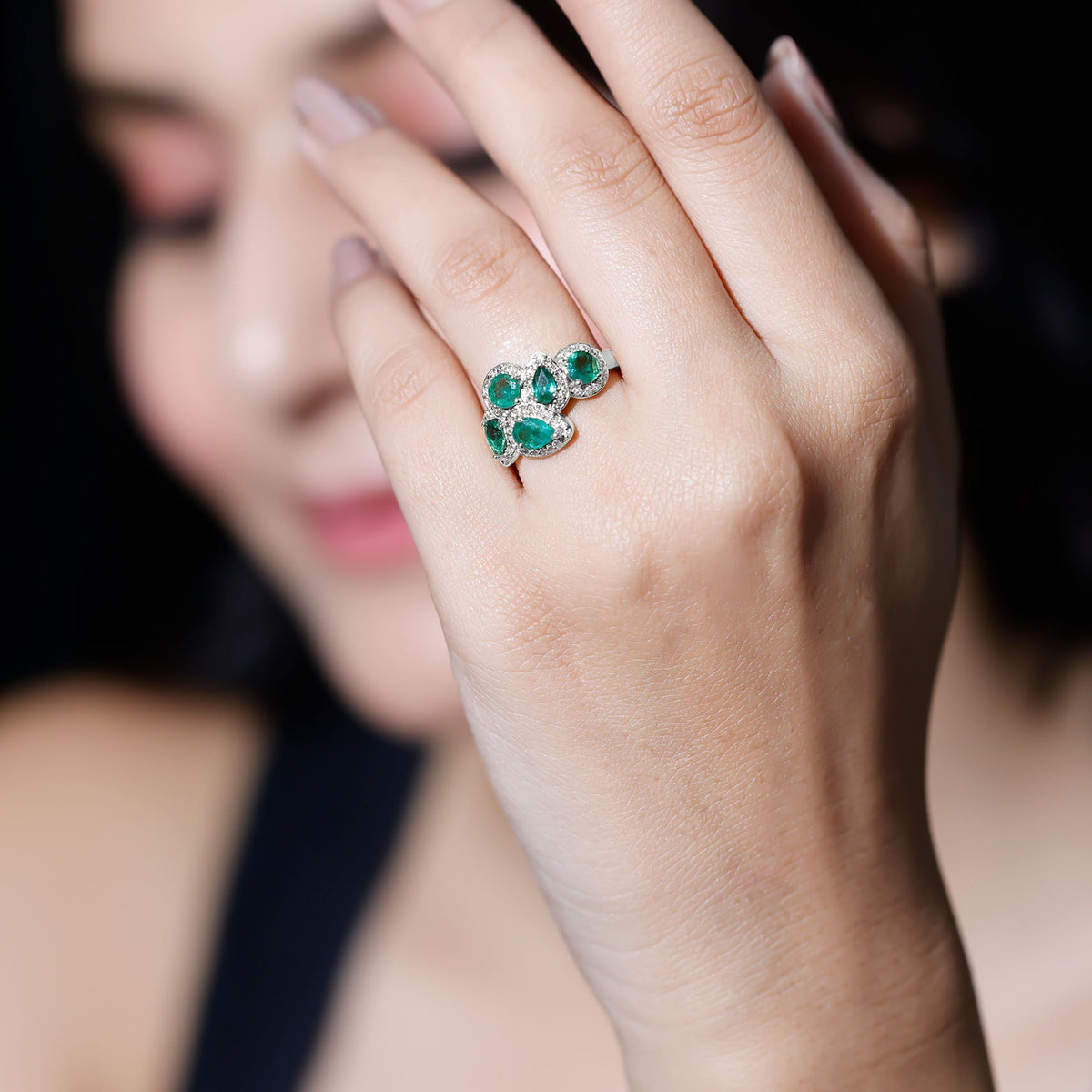 Emerald Cluster Ring - Diamond Engagement Ring with AAA Quality Emeralds & Prong Setting