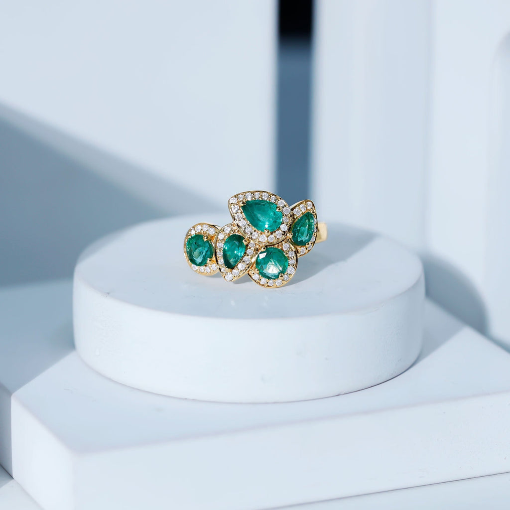 Emerald Cluster Ring - Diamond Engagement Ring with AAA Quality Emeralds & Prong Setting