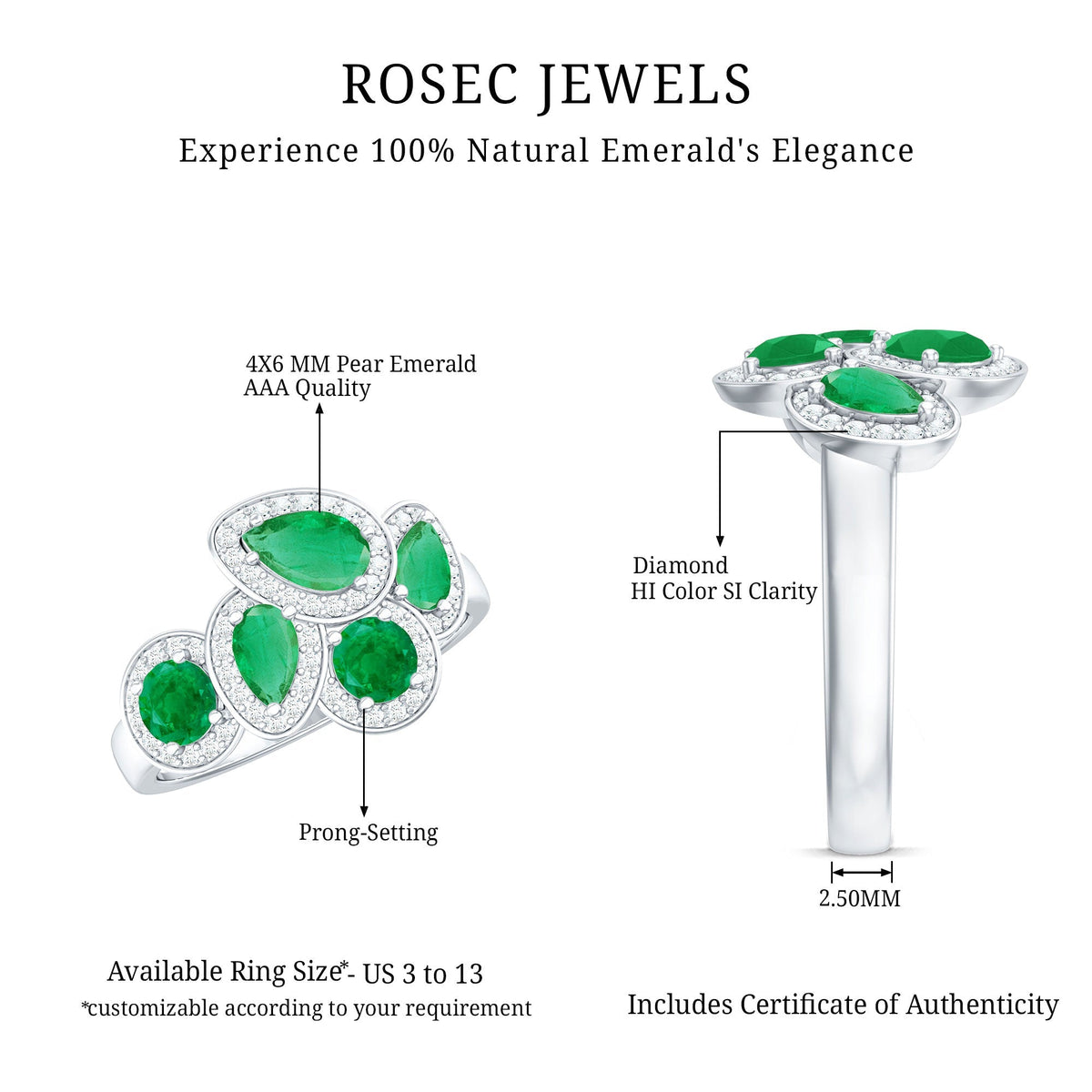 Emerald Cluster Ring - Diamond Engagement Ring with AAA Quality Emeralds & Prong Setting