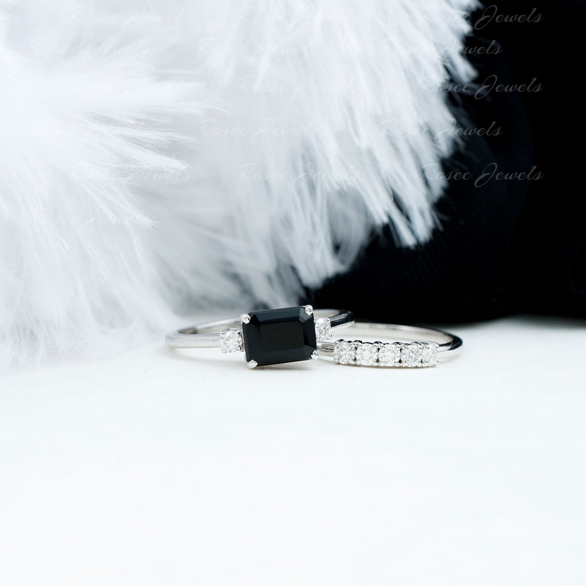 Emerald Cut Black Onyx and Diamond Wedding Ring Set