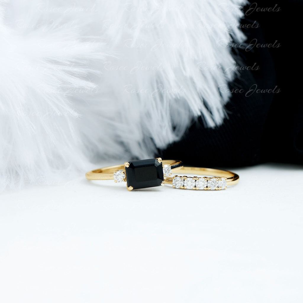 Emerald Cut Black Onyx and Diamond Wedding Ring Set