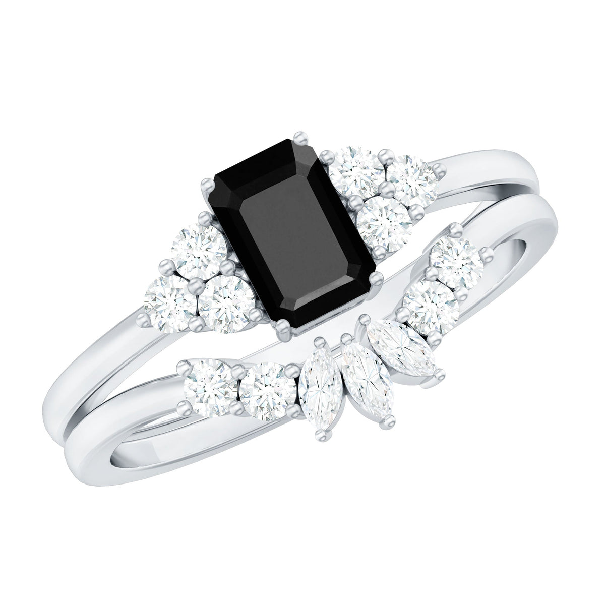 Emerald Cut Black Onyx Engagement Ring with Diamond Wedding Band