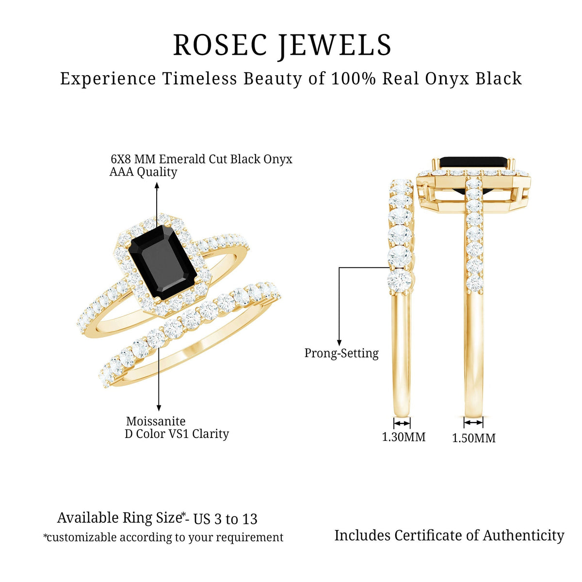 Emerald Cut Black Onyx Wedding Ring Set with Moissanite