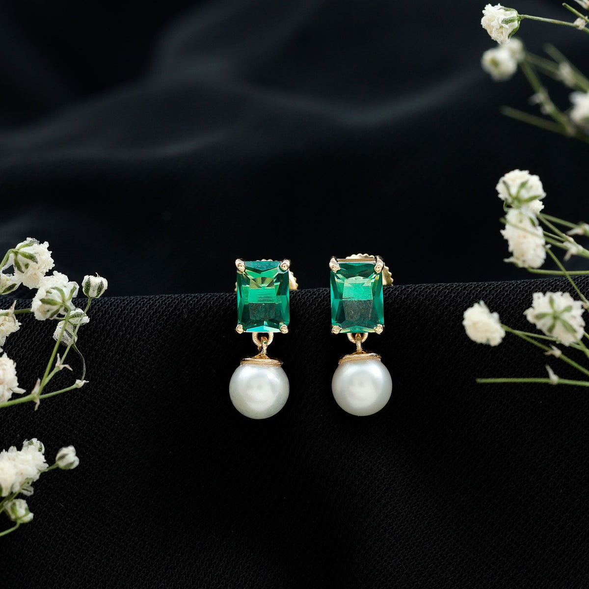 Emerald Cut Earrings – Lab Grown Emeralds & Pearl Drop Earrings | Elegant Design
