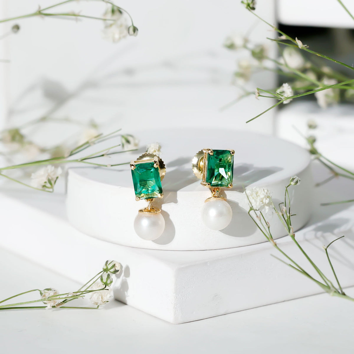 Emerald Cut Earrings – Lab Grown Emeralds & Pearl Drop Earrings | Elegant Design