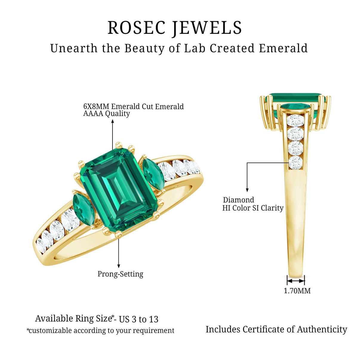 Emerald Cut Engagement Ring | Lab Created Emerald With Diamond Accents - Rosec Jewels