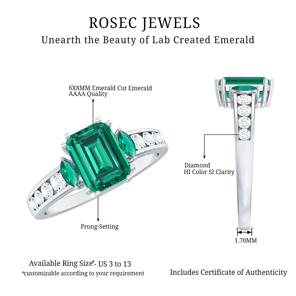 Emerald Cut Engagement Ring | Lab Created Emerald With Diamond Accents - Rosec Jewels