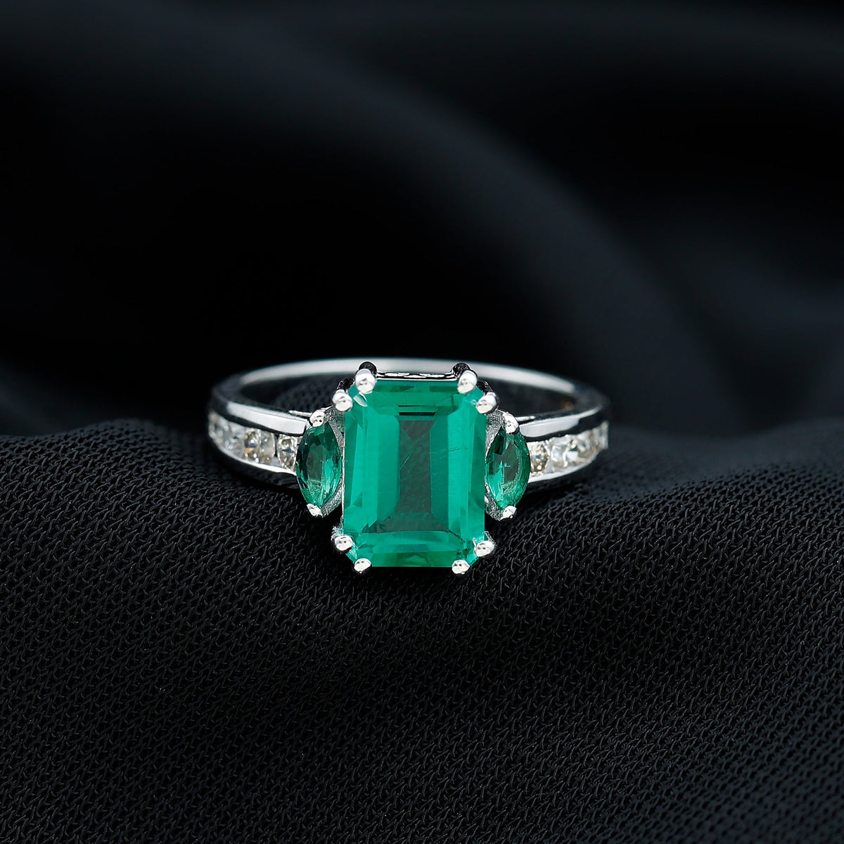 Emerald Cut Engagement Ring | Lab Created Emerald With Diamond Accents - Rosec Jewels