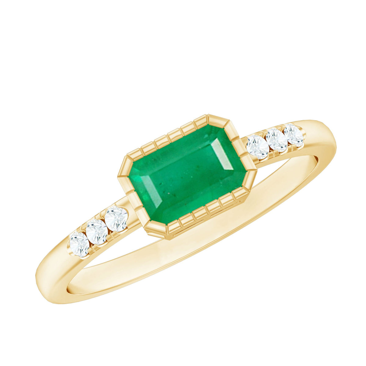 Emerald Cut Engagement Ring – Natural East West Bezel Setting Diamond Accent
