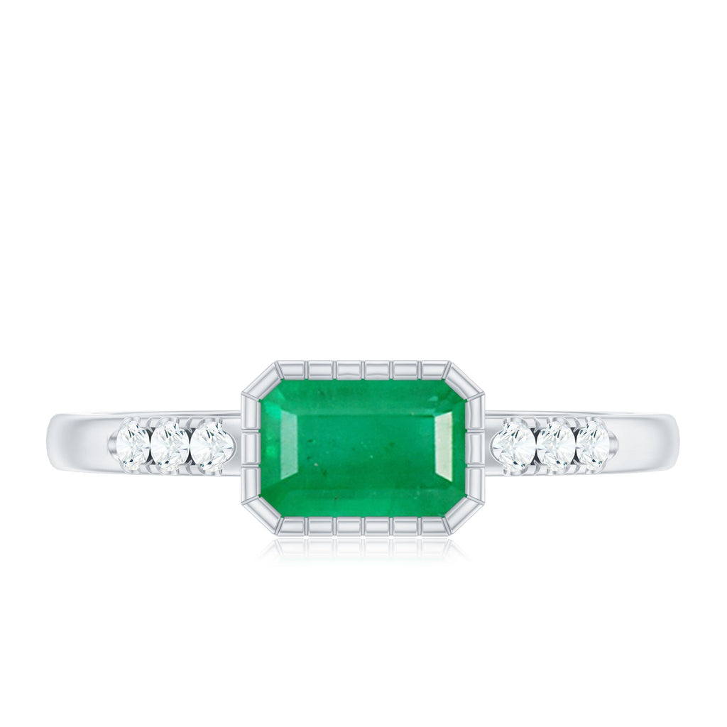 Emerald Cut Engagement Ring – Natural East West Bezel Setting Diamond Accent
