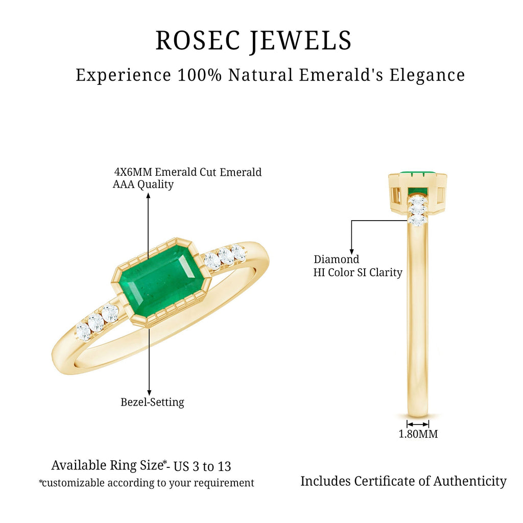 Emerald Cut Engagement Ring – Natural East West Bezel Setting Diamond Accent