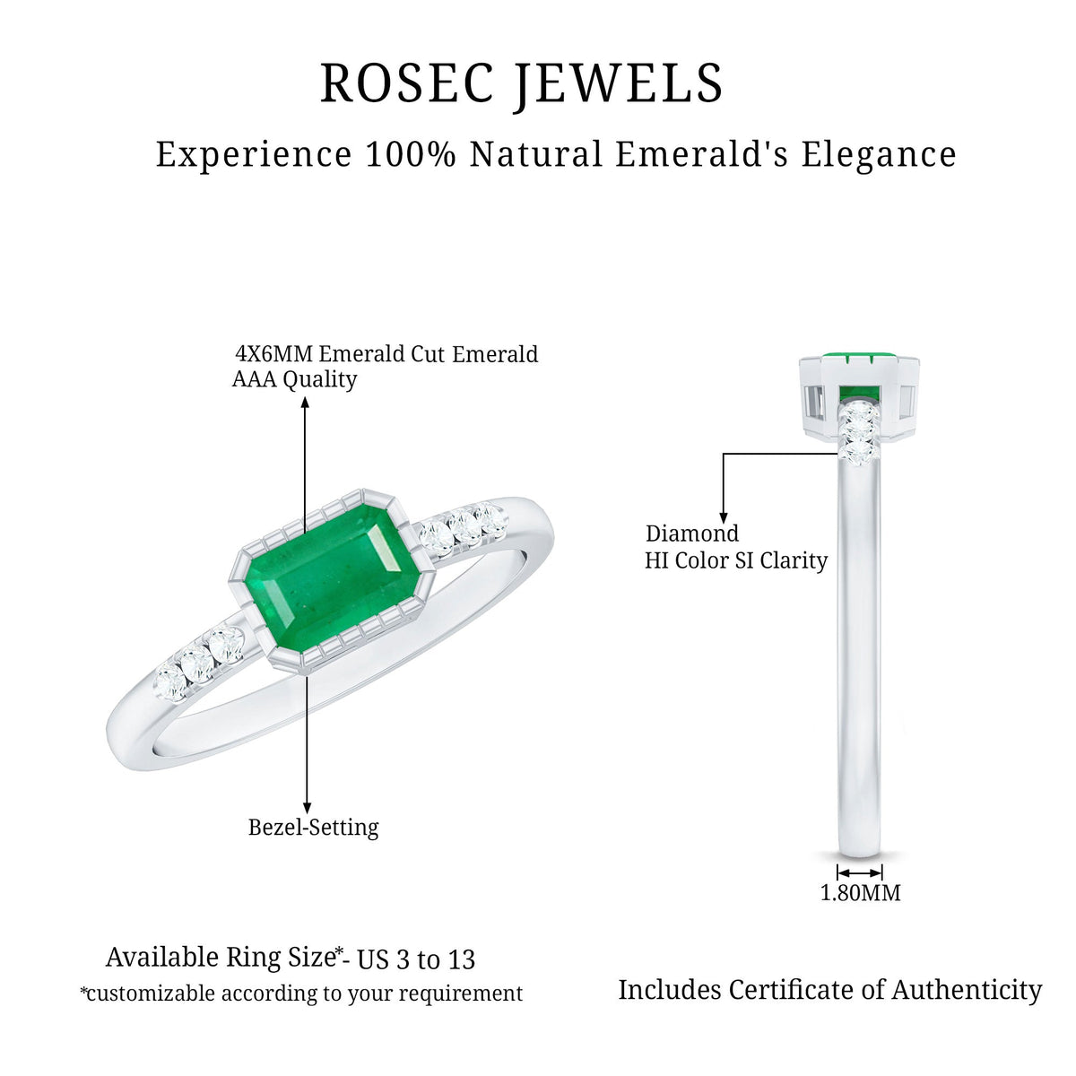 Emerald Cut Engagement Ring – Natural East West Bezel Setting Diamond Accent