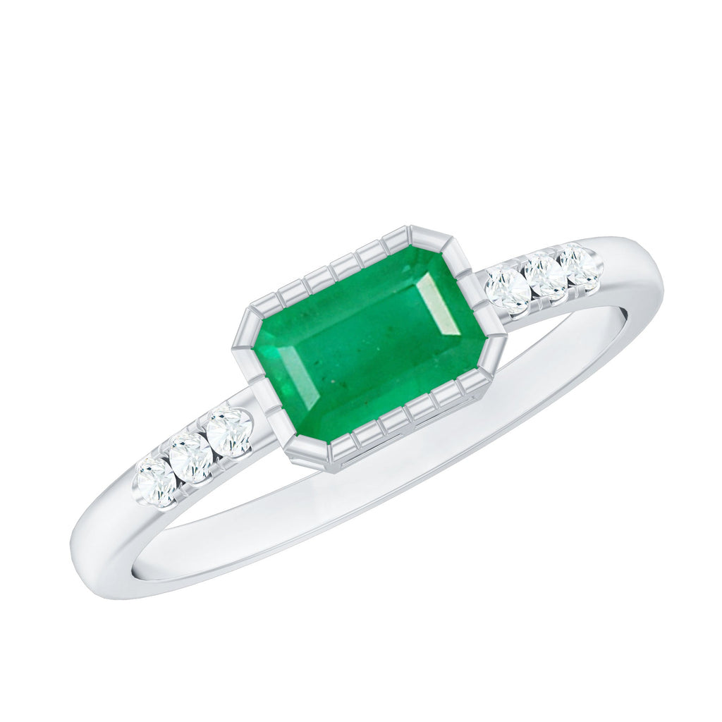 Emerald Cut Engagement Ring – Natural East West Bezel Setting Diamond Accent
