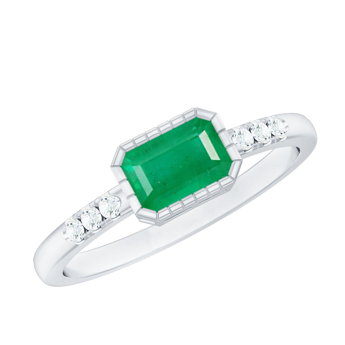 Emerald Cut Engagement Ring – Natural East West Bezel Setting Diamond Accent
