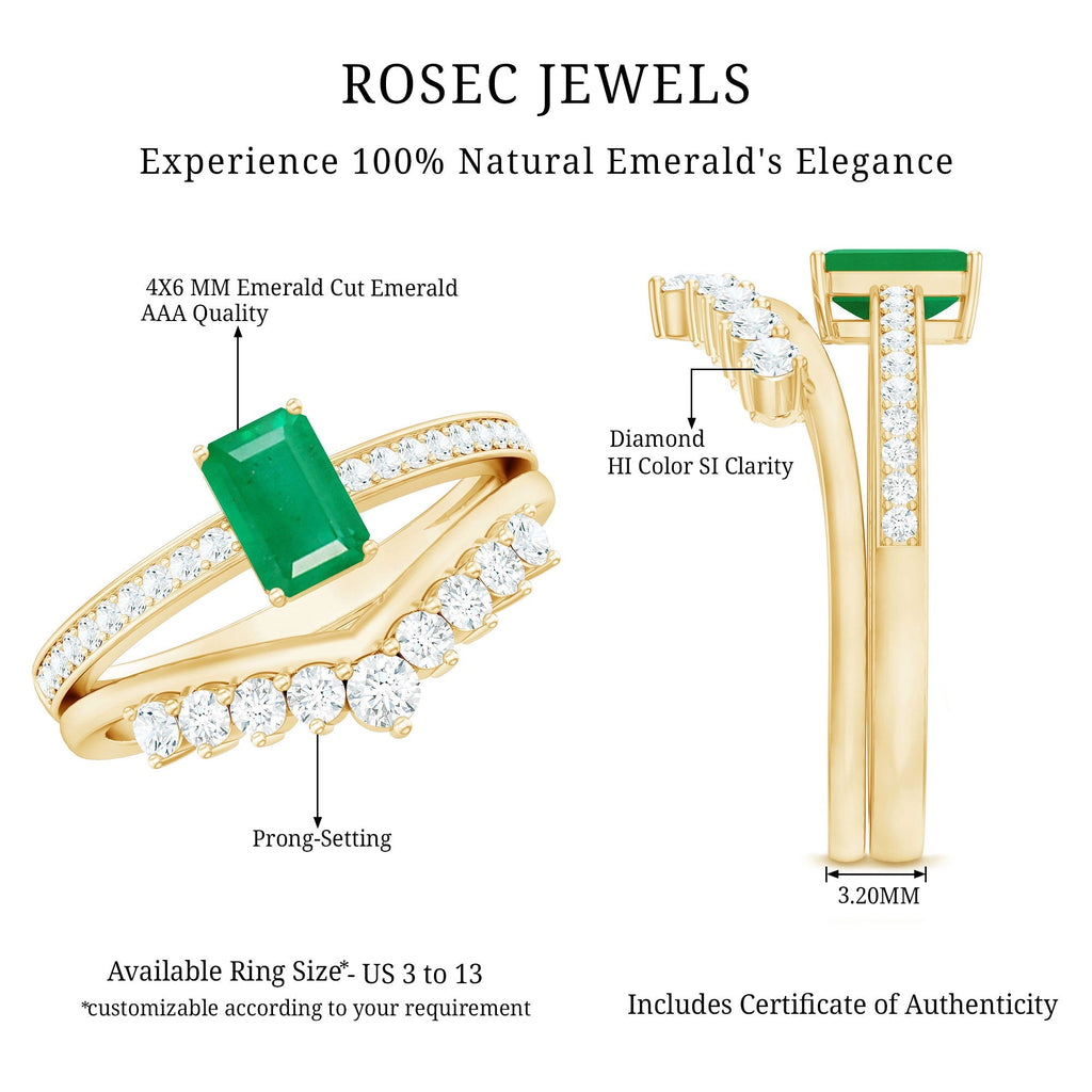 Emerald Cut Engagement Ring – Natural Emerald & Diamond Wedding Ring Set with Curved Band