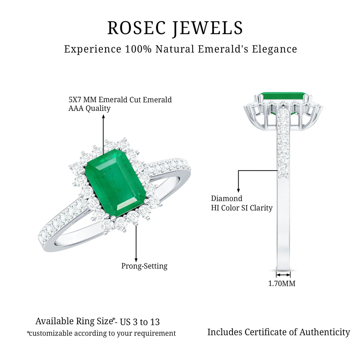 Emerald Cut Engagement Ring – Natural Emerald Ring with Diamond Halo Setting