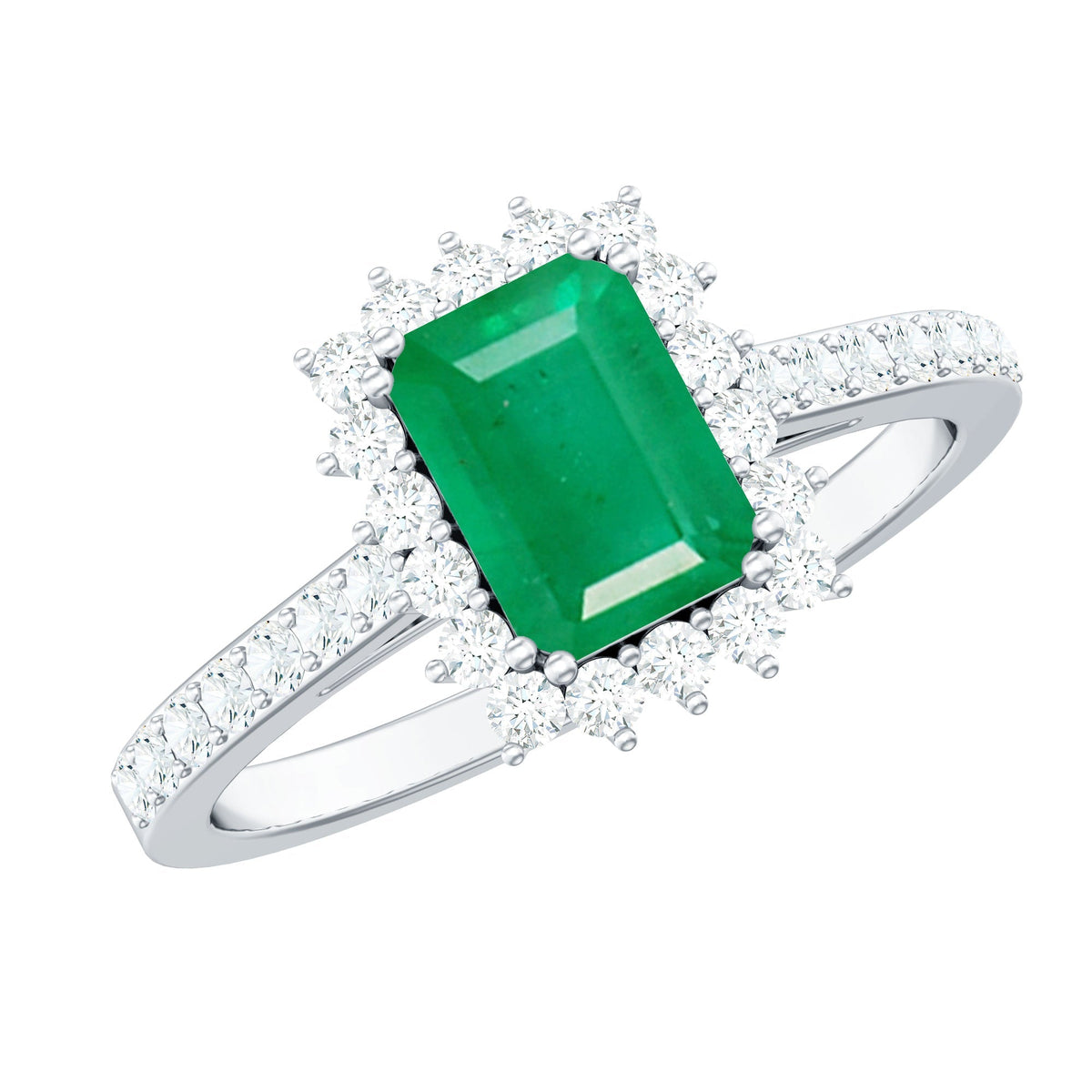 Emerald Cut Engagement Ring – Natural Emerald Ring with Diamond Halo Setting