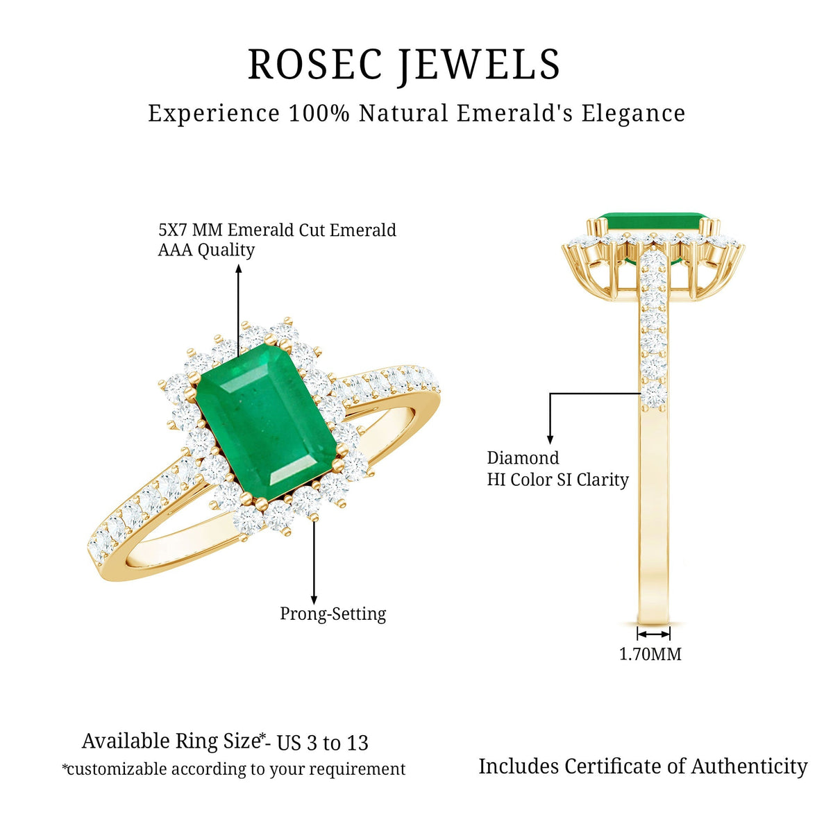 Emerald Cut Engagement Ring – Natural Emerald Ring with Diamond Halo Setting
