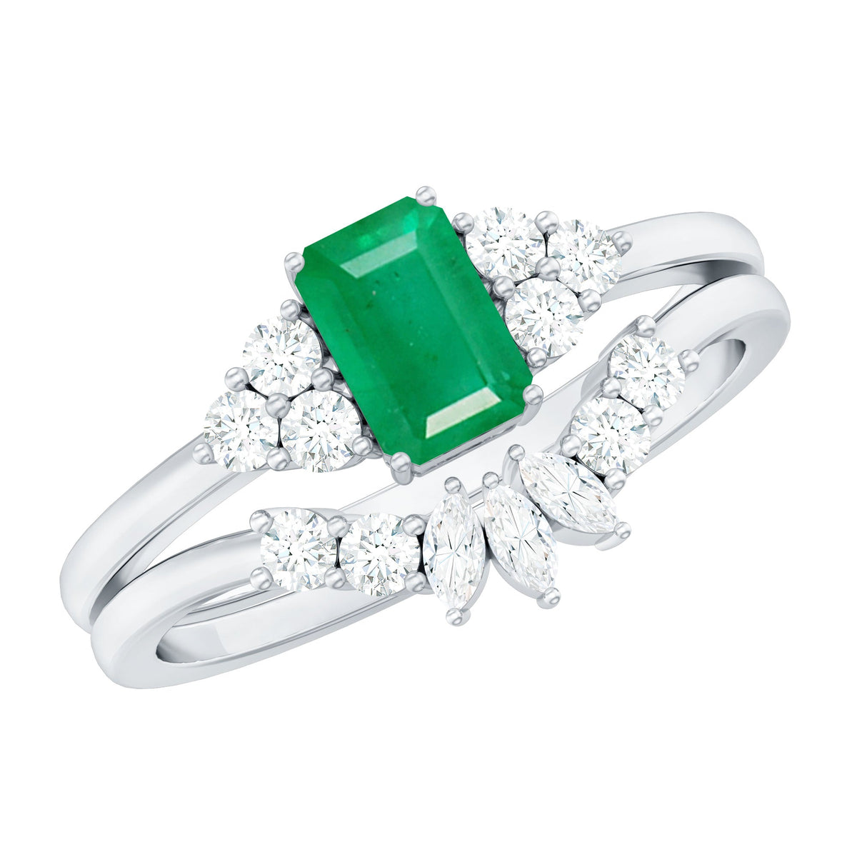 Emerald Cut Engagement Ring - Real Emerald Bridal Ring Set With Curved Wedding Band