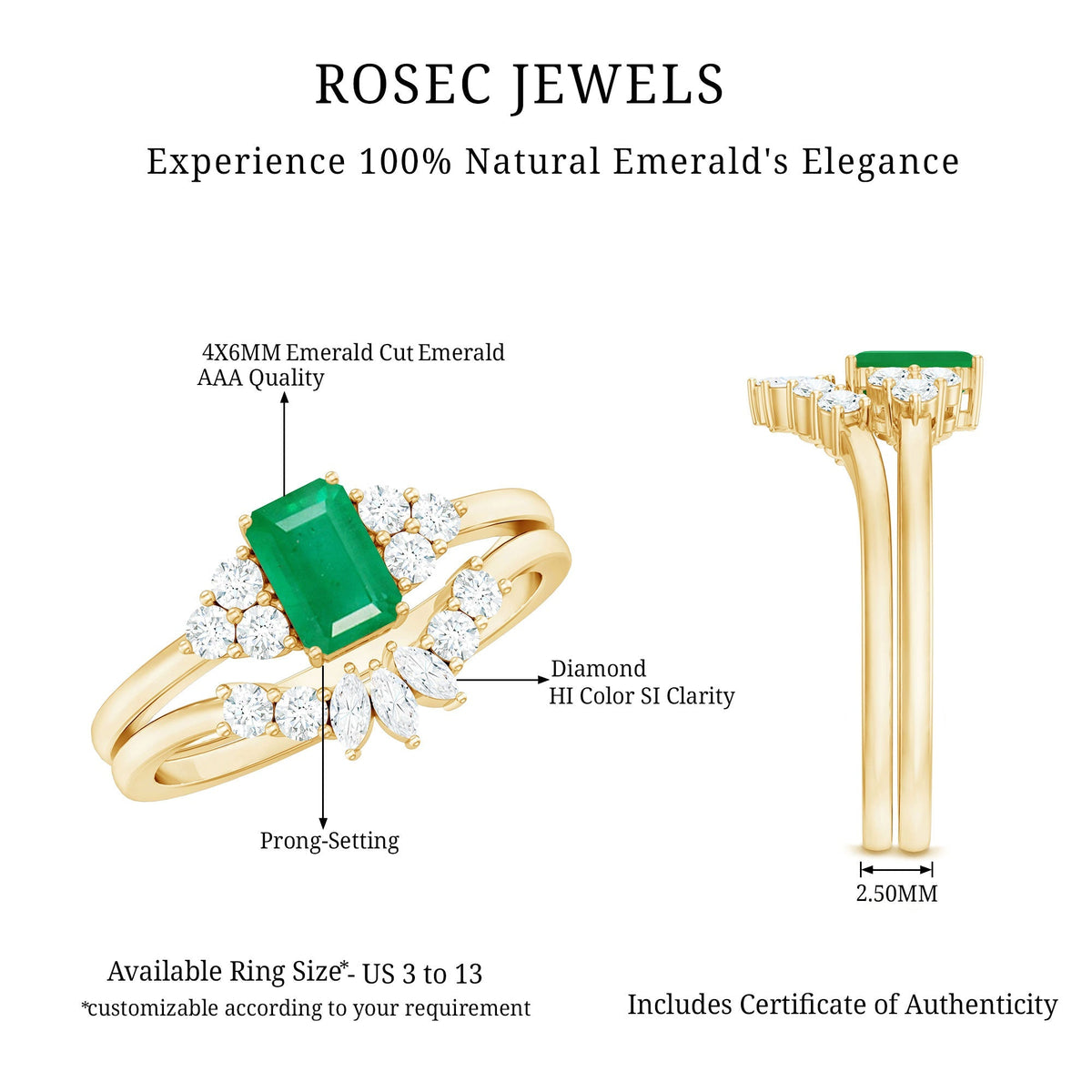 Emerald Cut Engagement Ring - Real Emerald Bridal Ring Set With Curved Wedding Band
