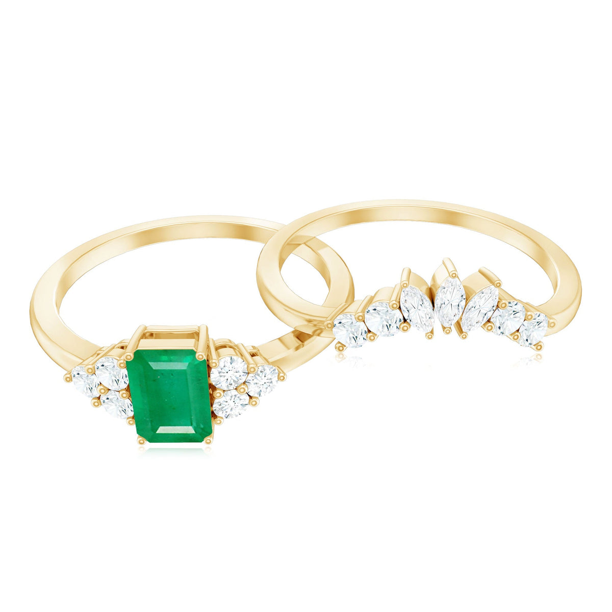 Emerald Cut Engagement Ring - Real Emerald Bridal Ring Set With Curved Wedding Band