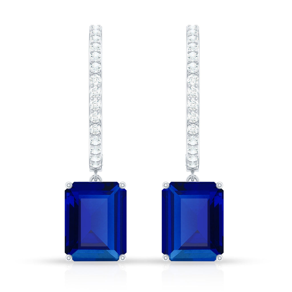 Emerald Cut Lab Created Blue Sapphire and Diamond Hoop Drop Earrings