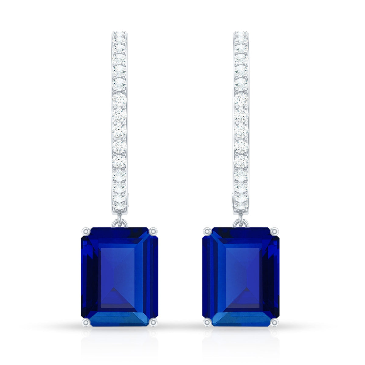 Emerald Cut Lab Created Blue Sapphire and Diamond Hoop Drop Earrings