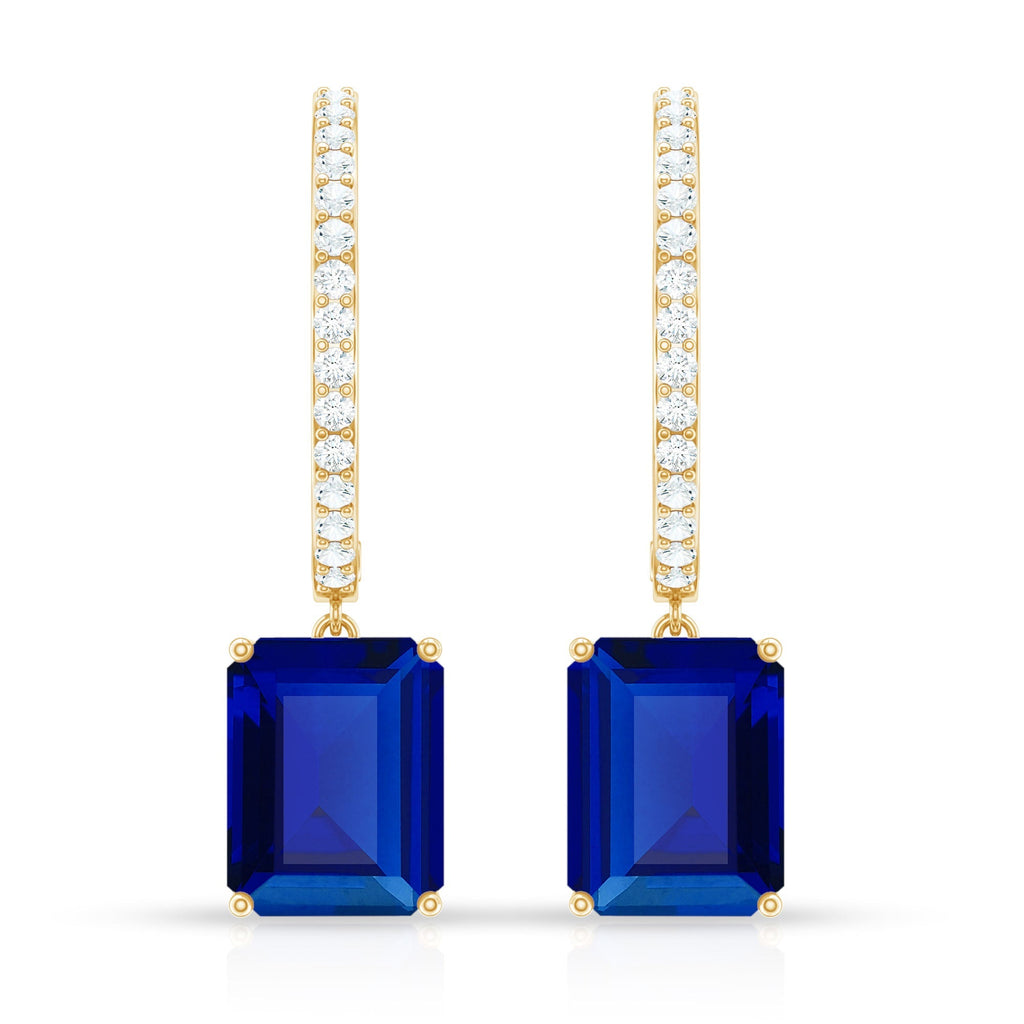 Emerald Cut Lab Created Blue Sapphire and Diamond Hoop Drop Earrings