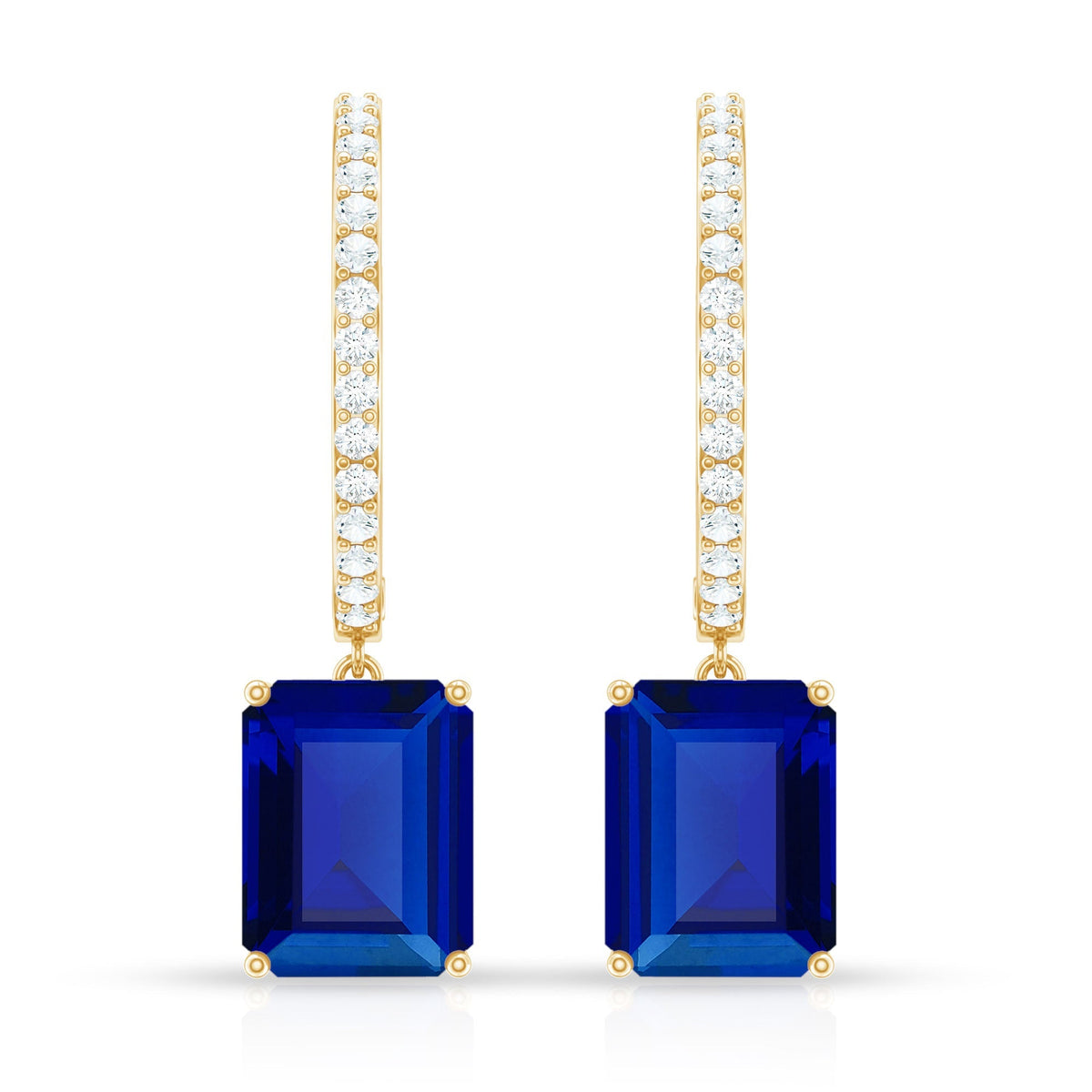 Emerald Cut Lab Created Blue Sapphire and Diamond Hoop Drop Earrings