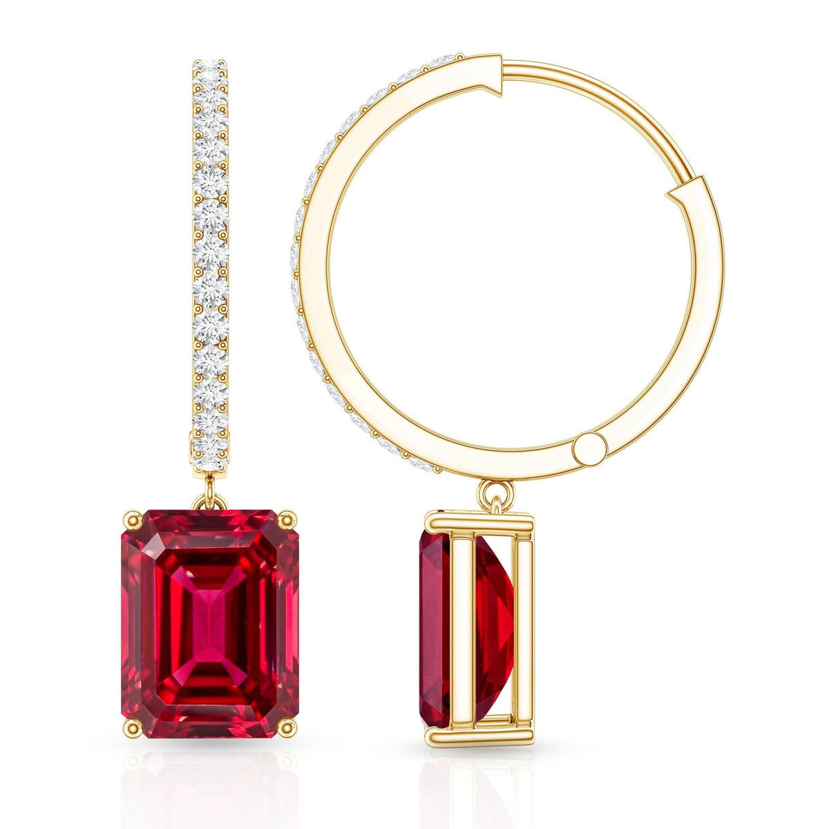 Emerald Cut Lab Created Ruby and Diamond Hoop Drop Earrings