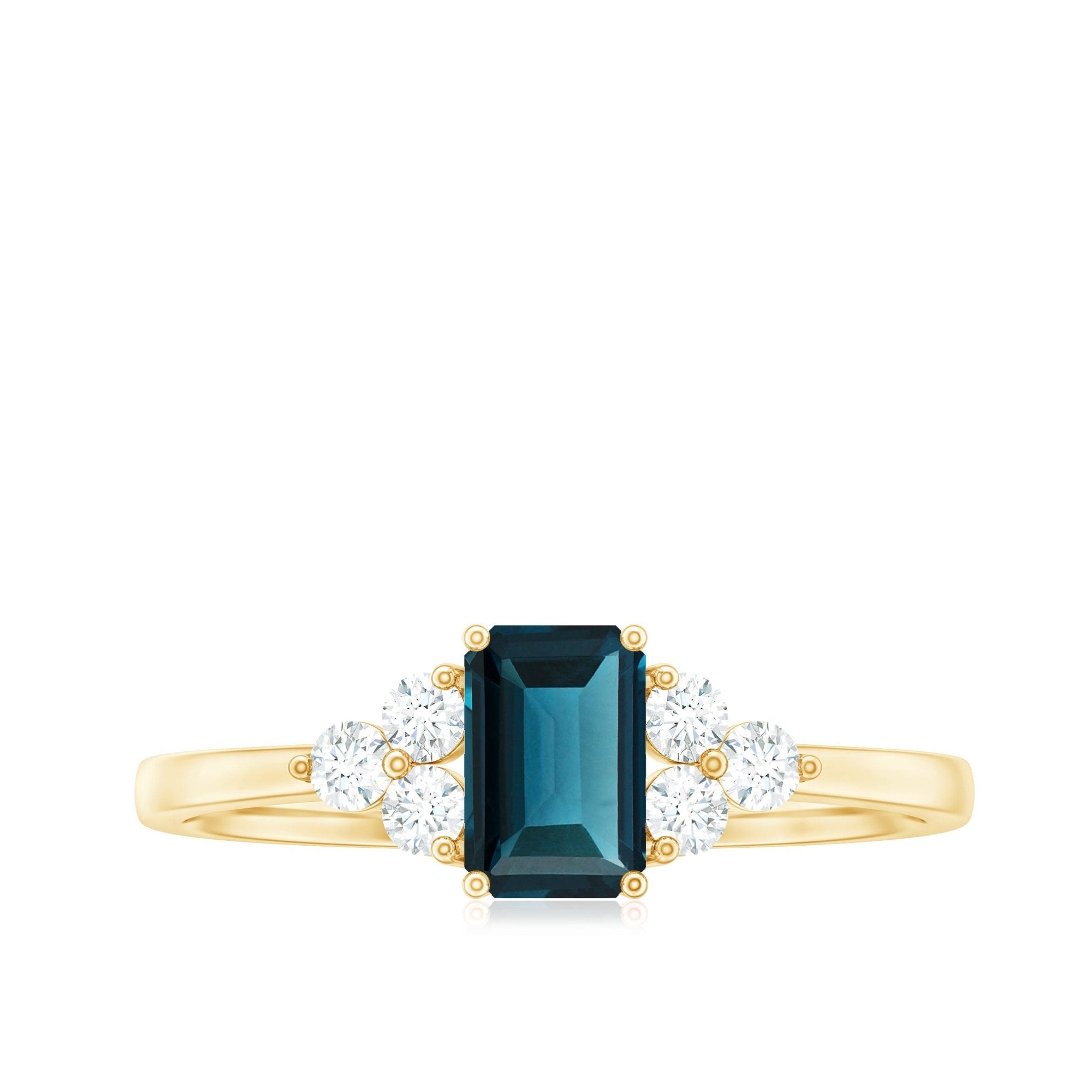 Emerald Cut London Blue Topaz Engagement Ring with Diamond Trio