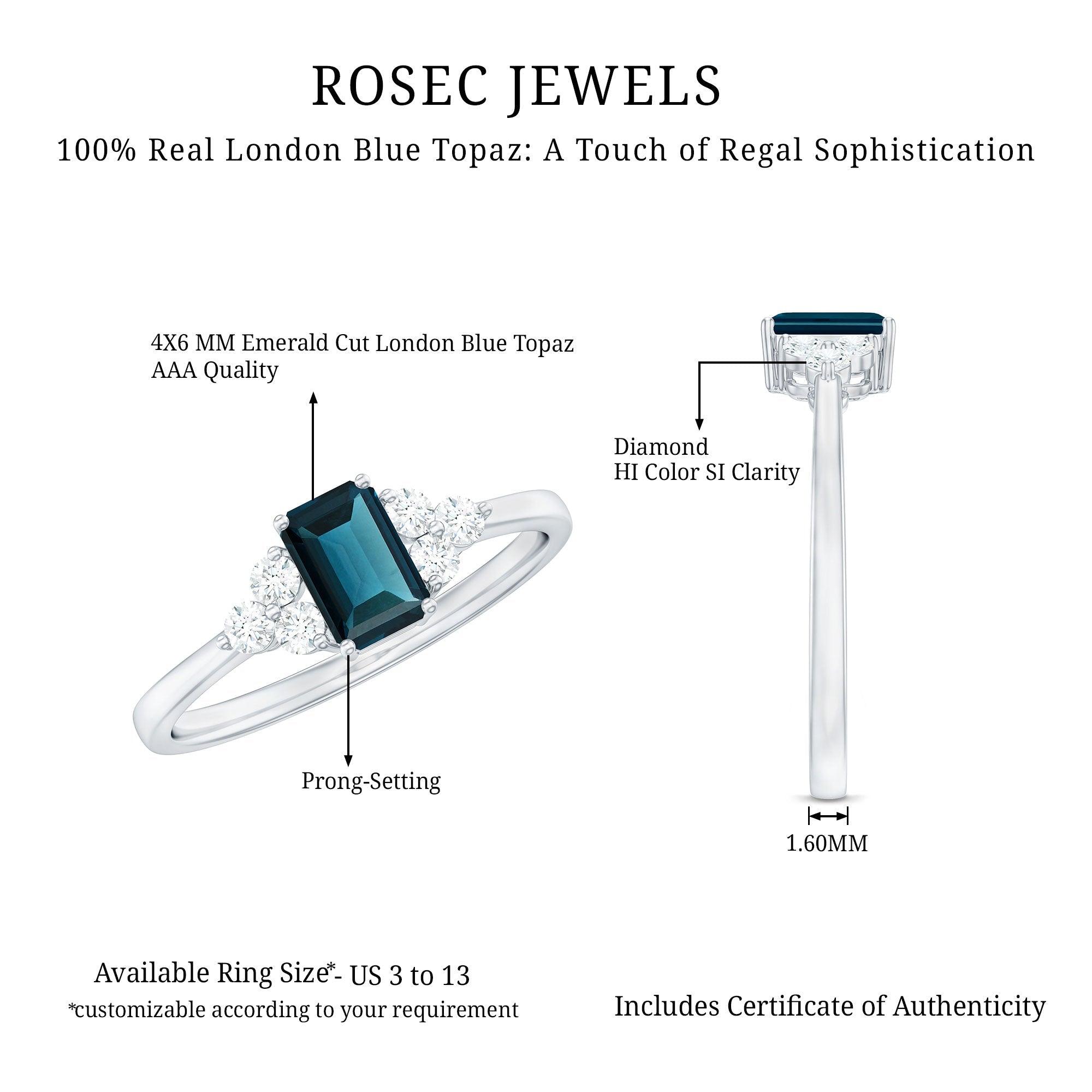 Emerald Cut London Blue Topaz Engagement Ring with Diamond Trio