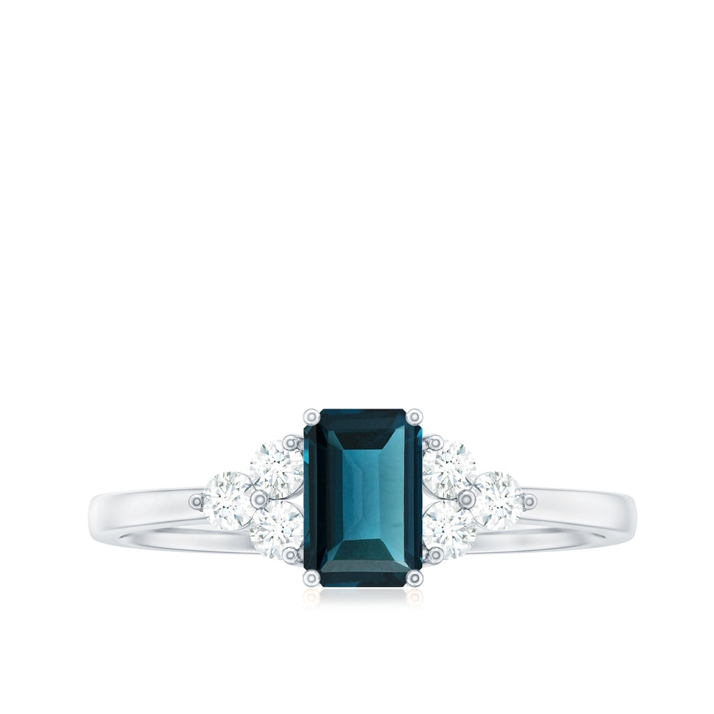 Emerald Cut London Blue Topaz Engagement Ring with Diamond Trio