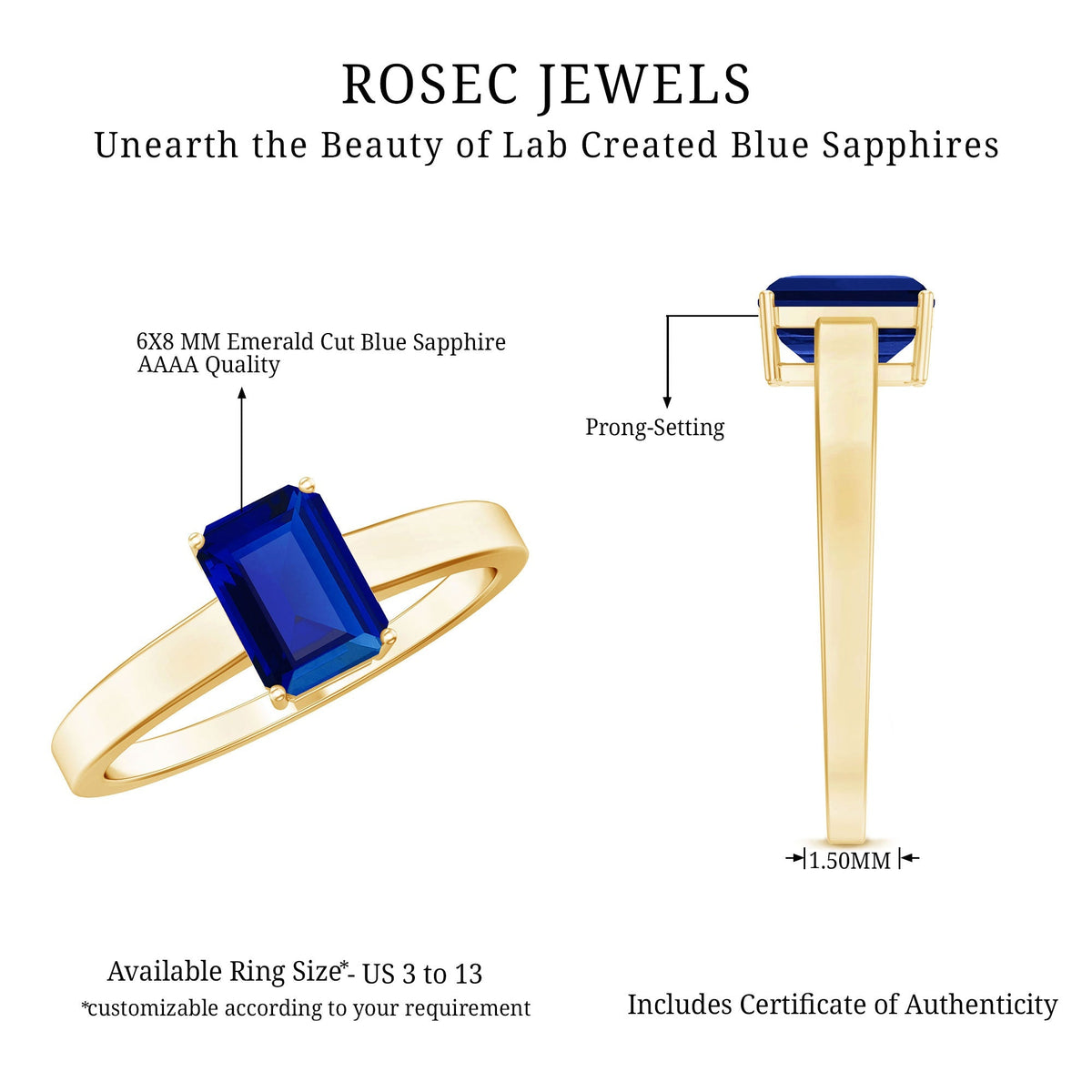 Emerald Cut Sapphire Ring, Lab Created Blue Solitaire 6x8 Mm