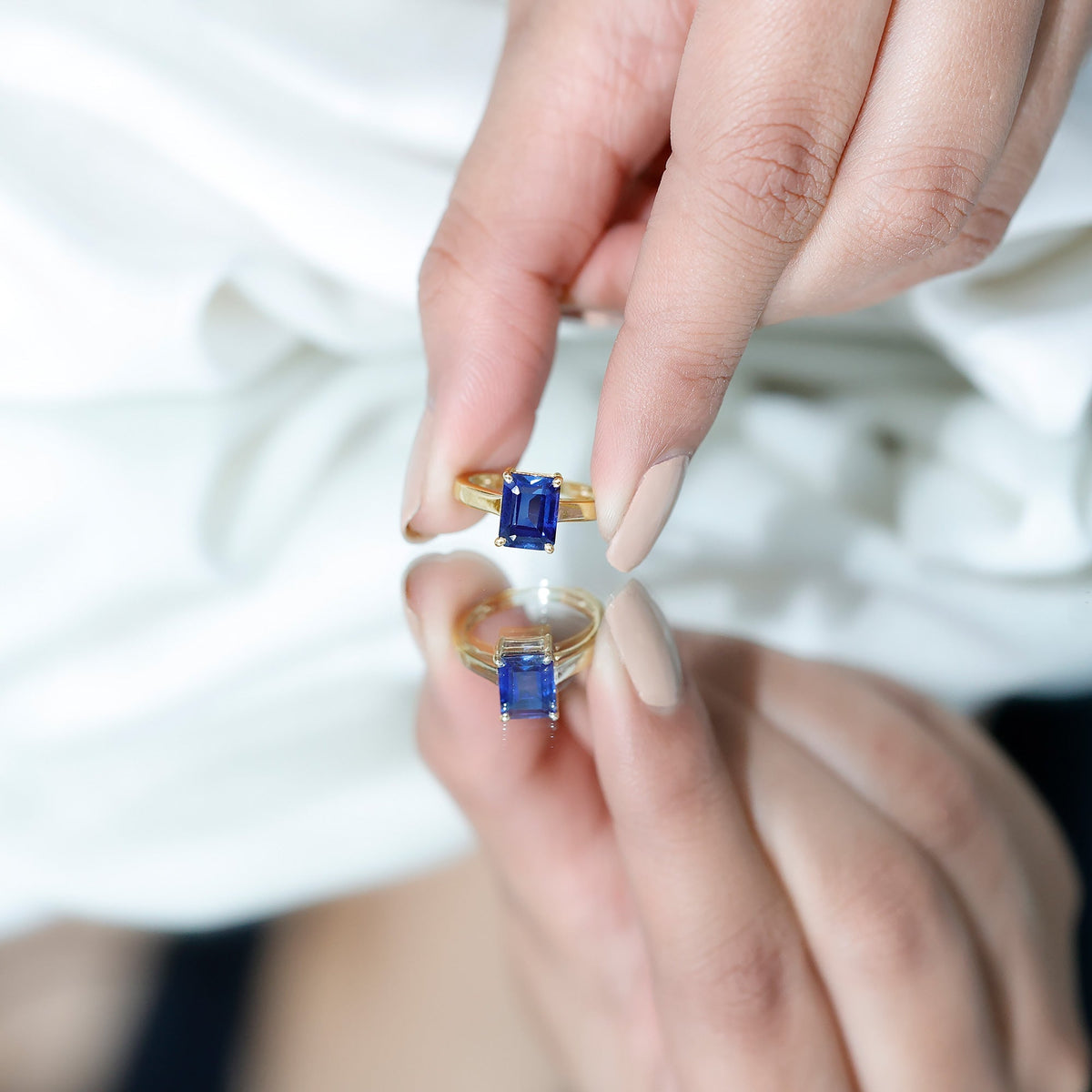 Emerald Cut Sapphire Ring, Lab Created Blue Solitaire 6x8 Mm