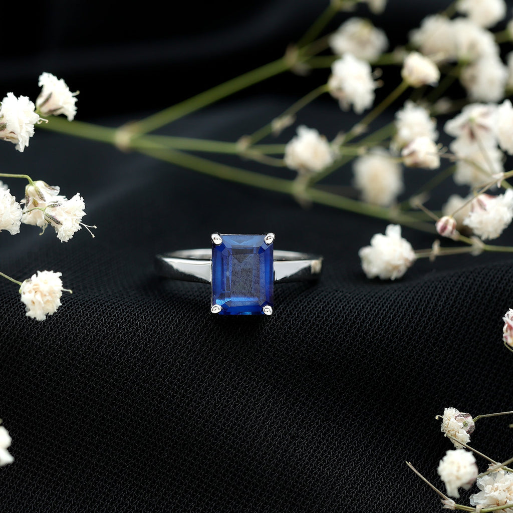 Emerald Cut Sapphire Ring, Lab Created Blue Solitaire 6x8 Mm