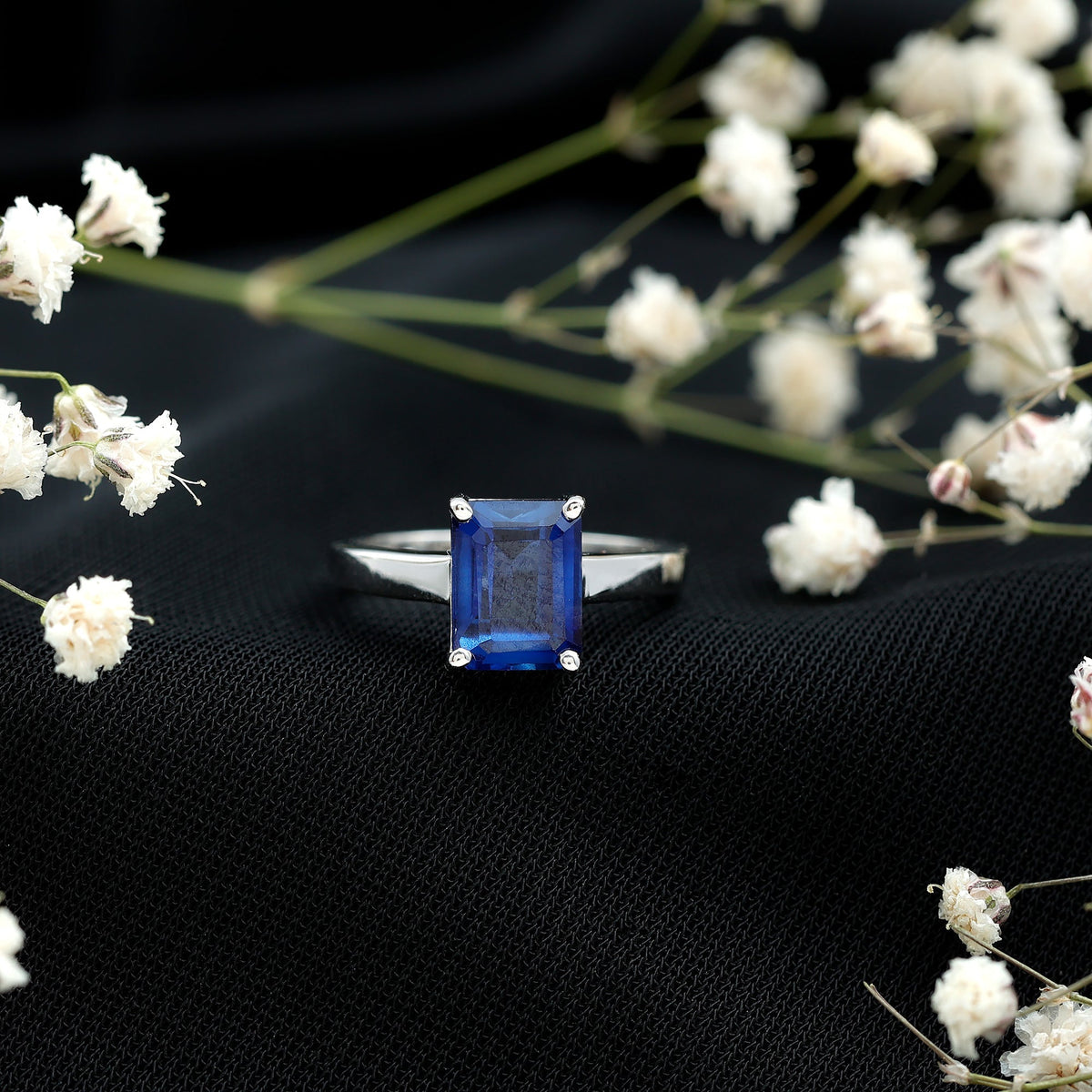 Emerald Cut Sapphire Ring, Lab Created Blue Solitaire 6x8 Mm