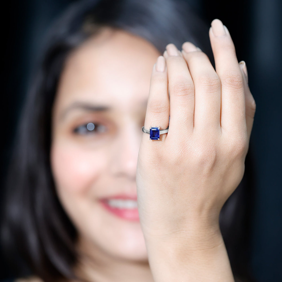 Emerald Cut Sapphire Ring, Lab Created Blue Solitaire 6x8 Mm