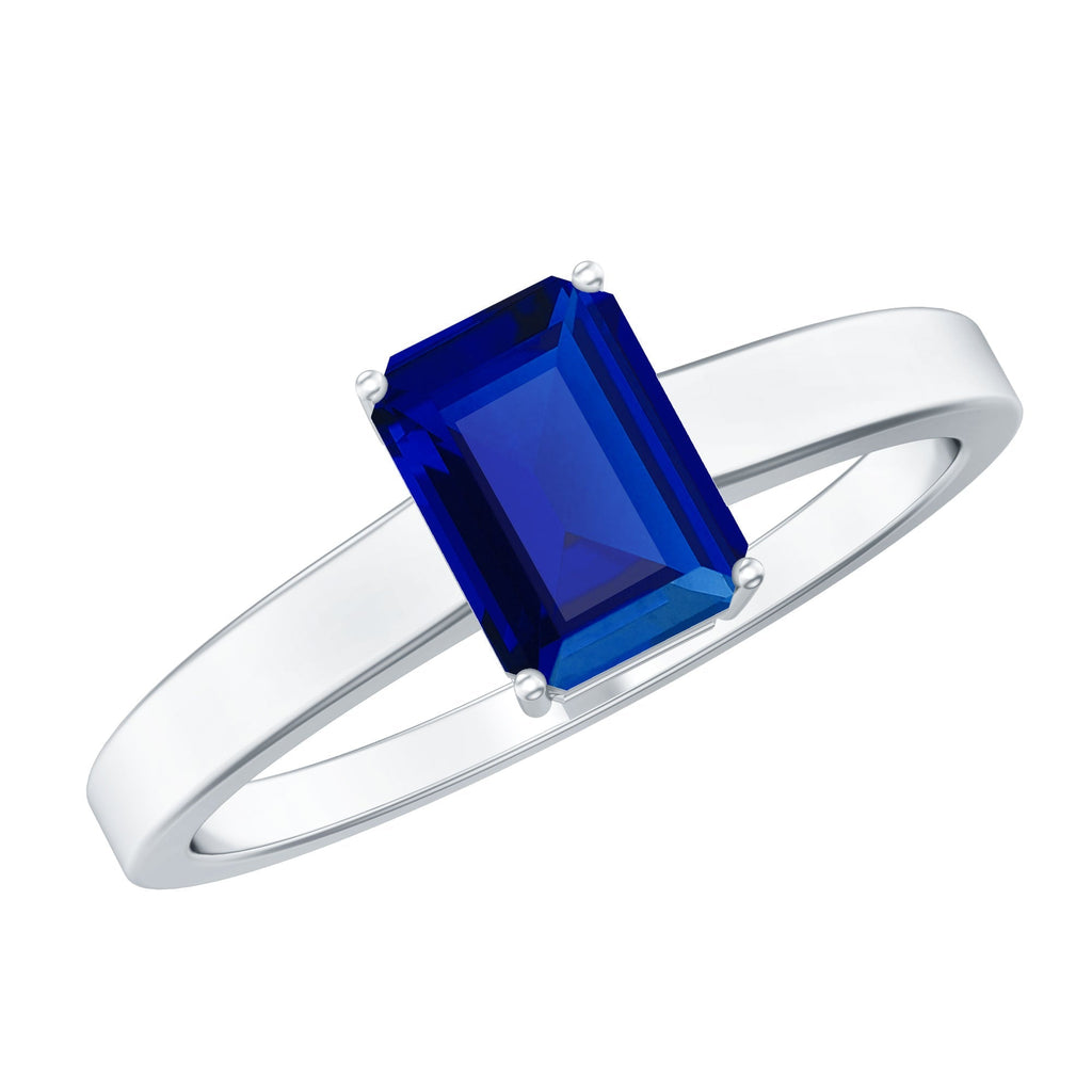 Emerald Cut Sapphire Ring, Lab Created Blue Solitaire 6x8 Mm