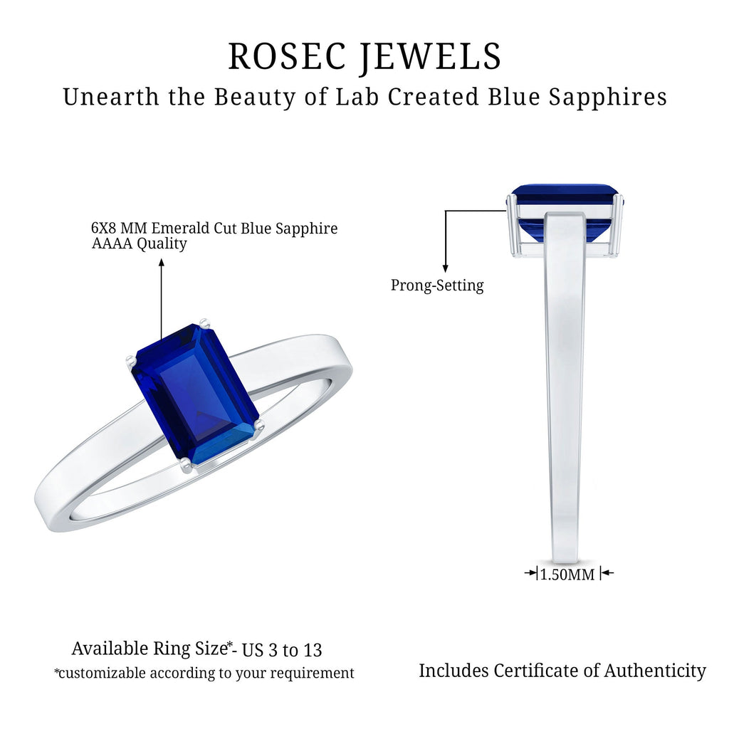 Emerald Cut Sapphire Ring, Lab Created Blue Solitaire 6x8 Mm
