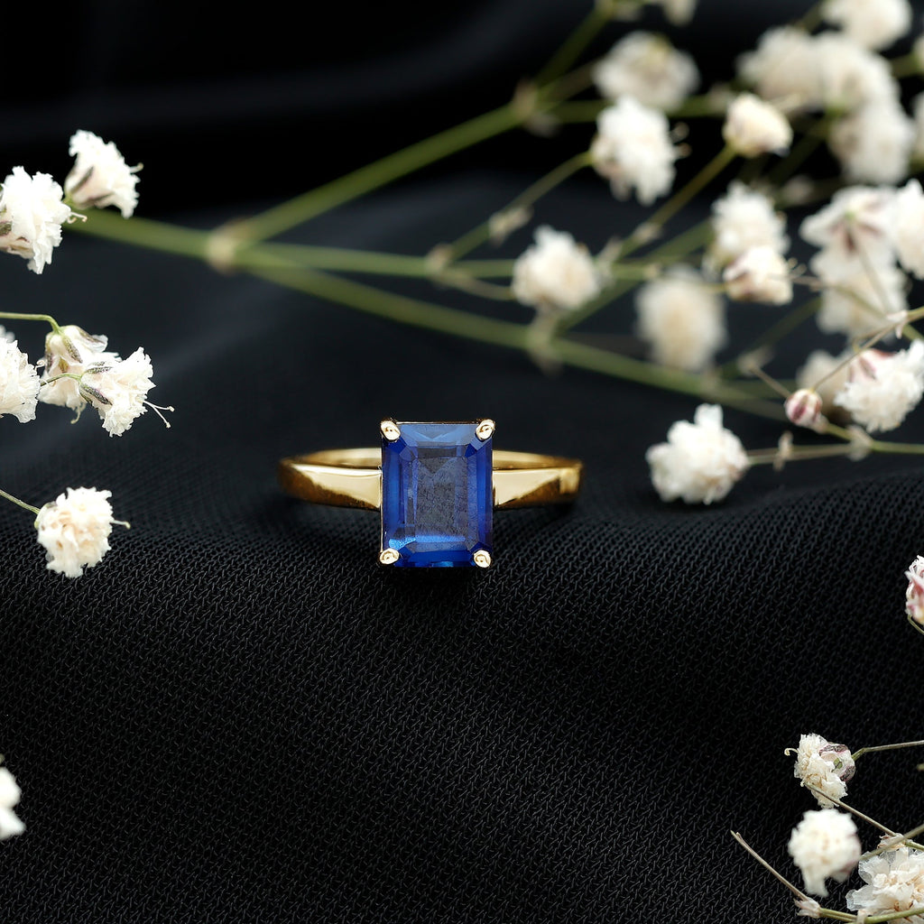 Emerald Cut Sapphire Ring, Lab Created Blue Solitaire 6x8 Mm