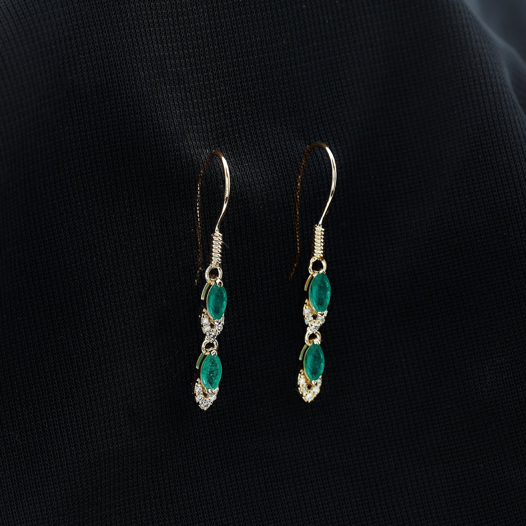 Emerald Dangle Earrings – Marquise Cut Emerald Drop with Diamond Accents