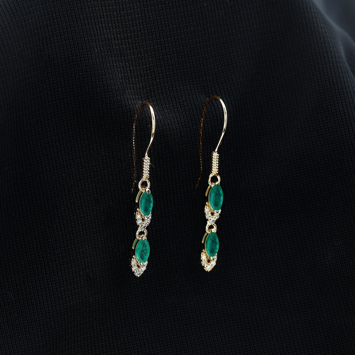 Emerald Dangle Earrings – Marquise Cut Emerald Drop with Diamond Accents