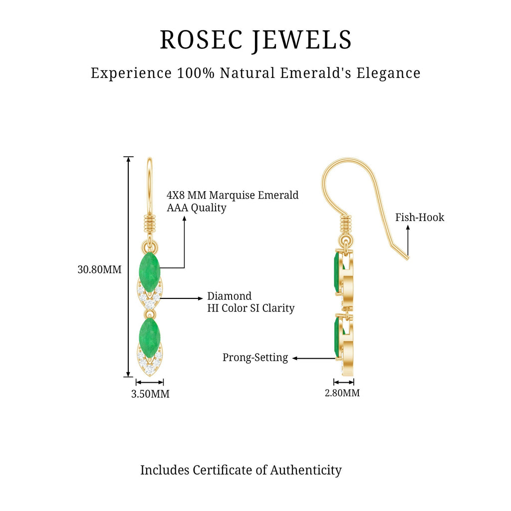 Emerald Dangle Earrings – Marquise Cut Emerald Drop with Diamond Accents
