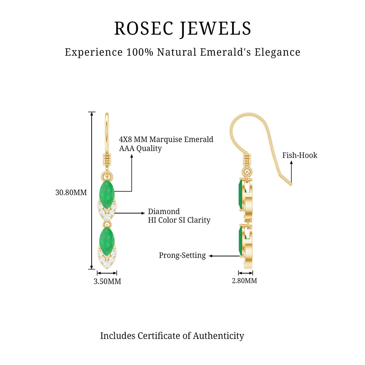 Emerald Dangle Earrings – Marquise Cut Emerald Drop with Diamond Accents