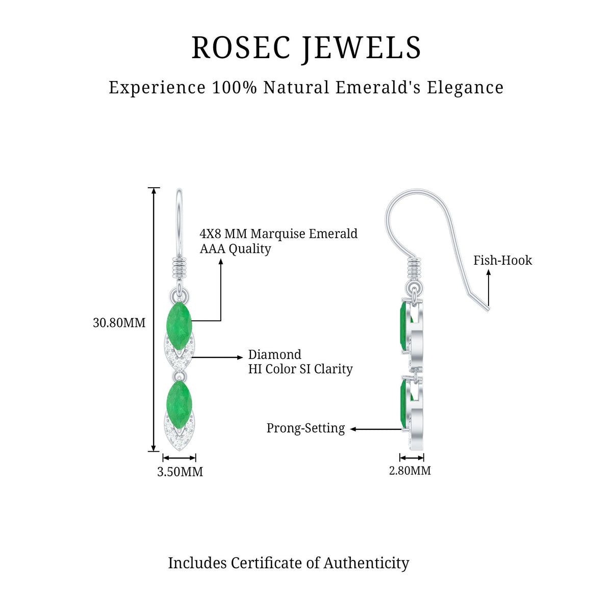 Emerald Dangle Earrings – Marquise Cut Emerald Drop with Diamond Accents